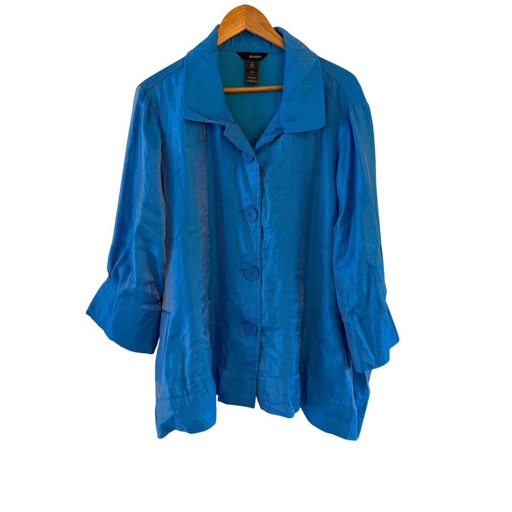 Ali Miles Shimmer Button Tunic Top Womens 2X Blue Bell Sleeve Art to Wear